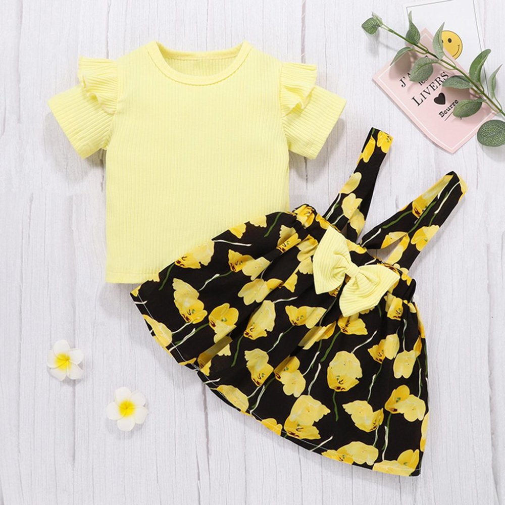 Yellow Ruffle Ribbed Top & Floral Suspender Skirt 2pcs Baby Outfit
